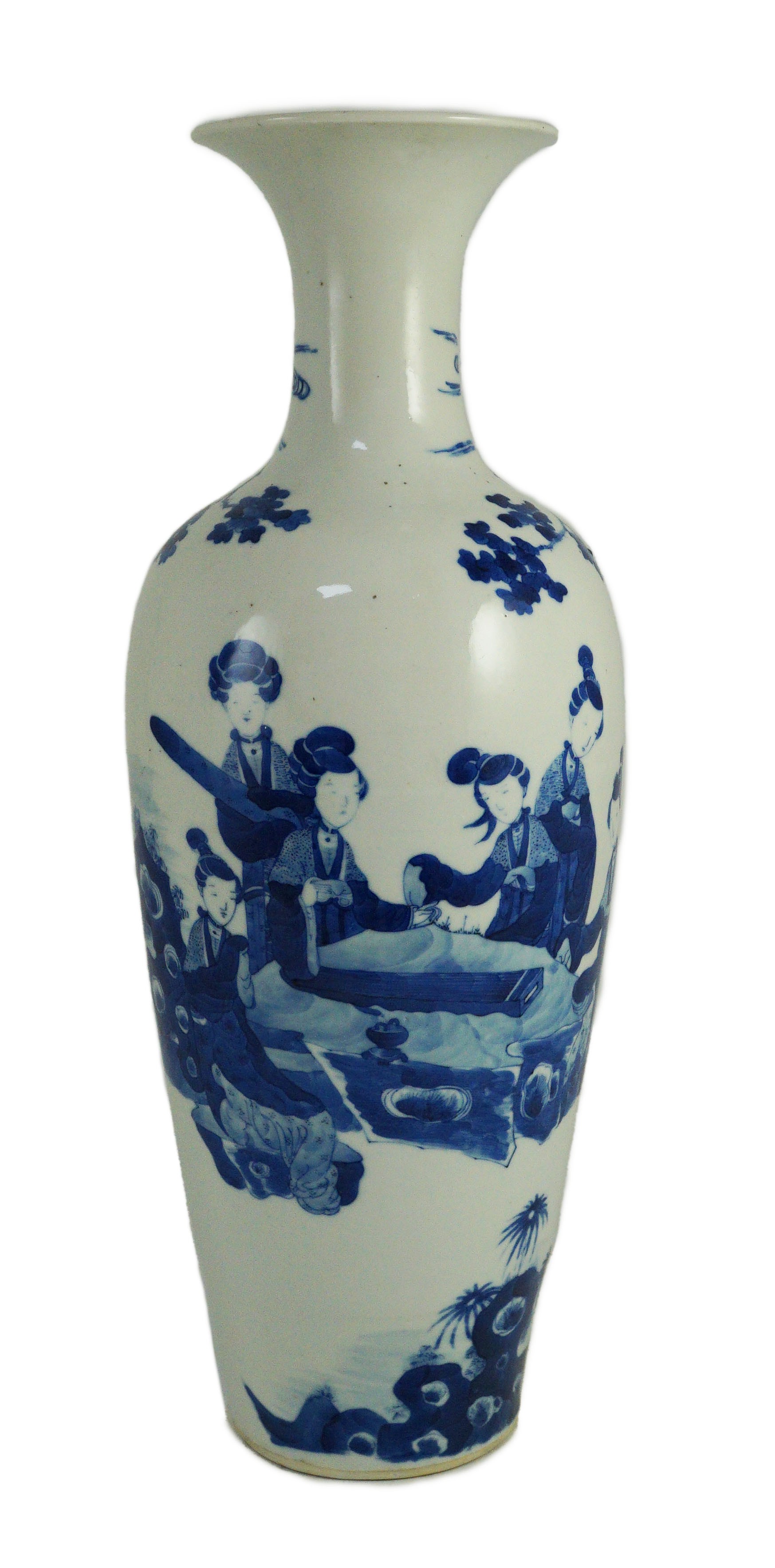 A tall Chinese blue and white ladies vase, laifu zun, 19th century, 44.5cm high, neck restored